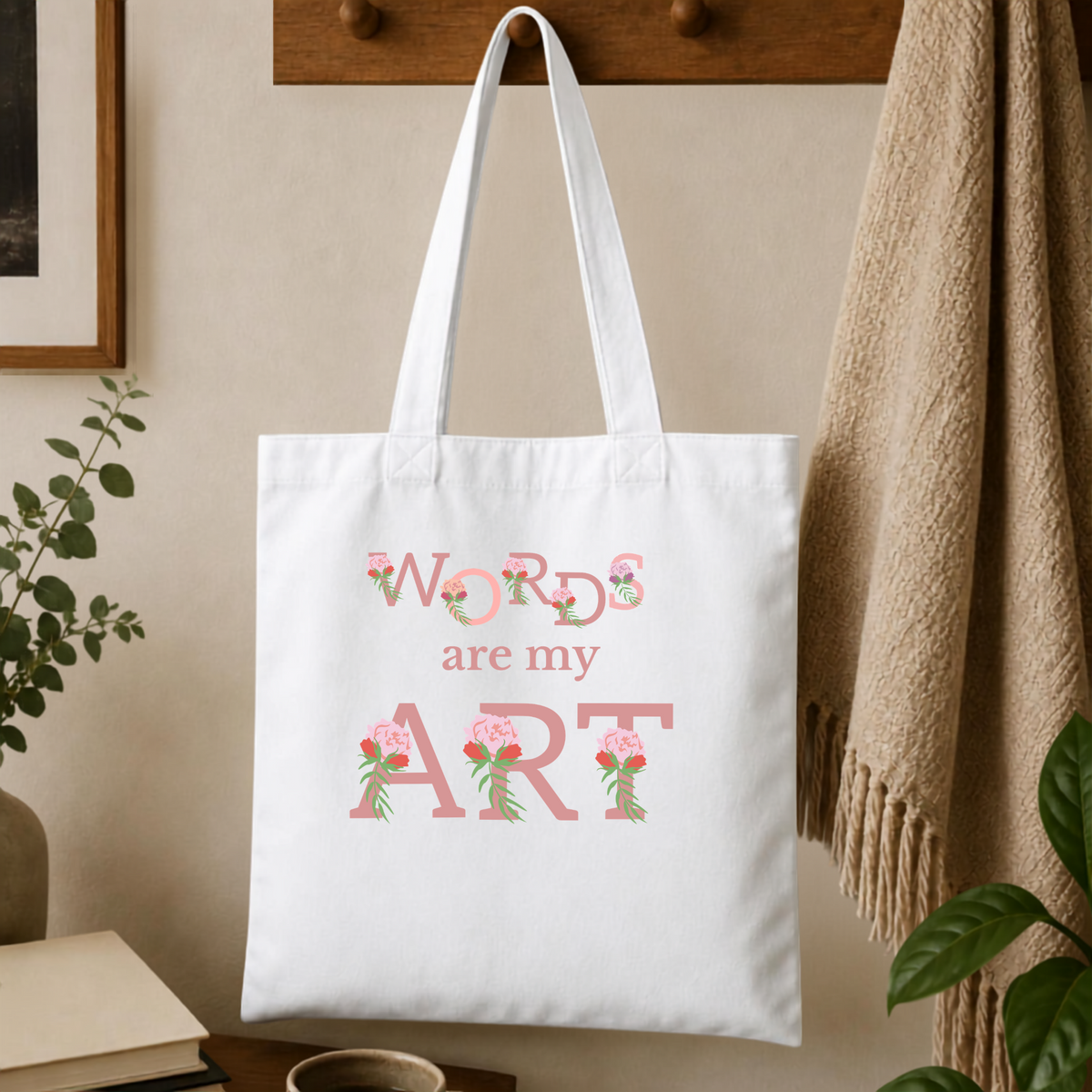 Words Are My Art Floral Tote Bag - Express Your Passion in Canvas